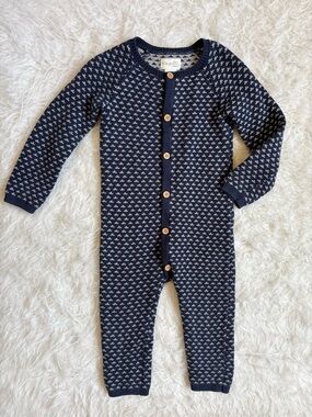 Little Planet Navy Grandpa Sweater Knit Patterned Button Down Baby Jumpsuit